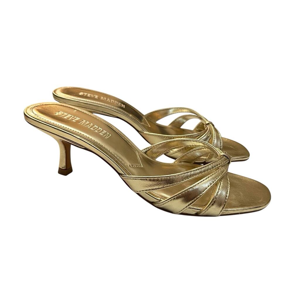 Steve Madden Cary Leather Kitten Heels Size 7M Gold Strappy Open Toe Thong Party